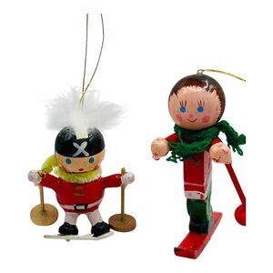 Pair VTG Skier Wood Christmas Ornaments Toy Soldier Skii Snow Cabin Set READ